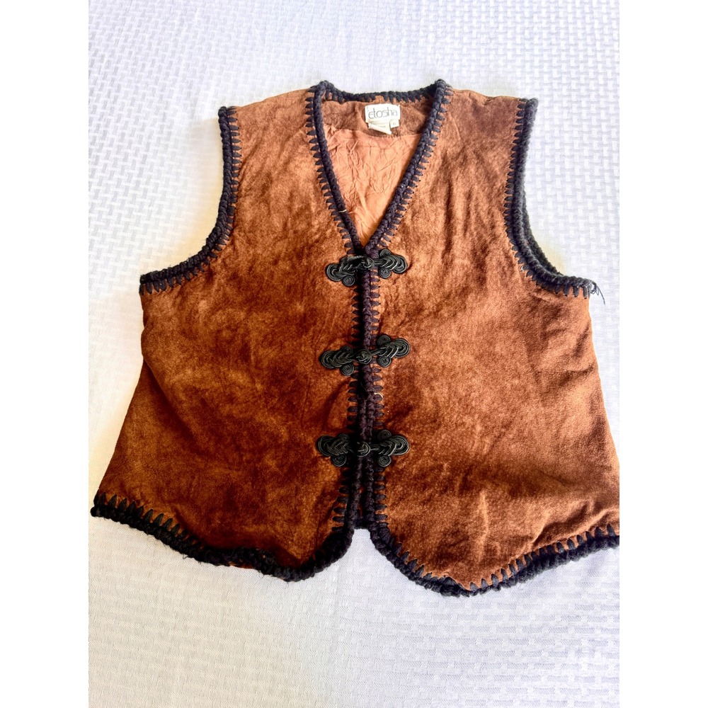 Etosha Vintage 70s Boho Suede Leather Vest Brown Crochet Trim Frog Toggle‎ Large